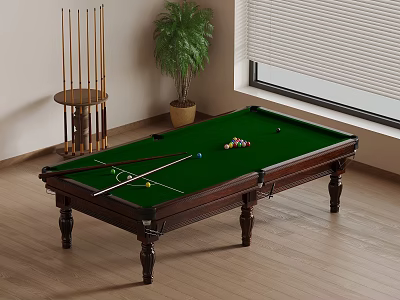 Classic Billiard Table With Green Felt Surface Pool Cues Rack And Potted Plant By Window 3d model