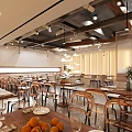 Modern Restaurant Interior With Wooden Tables Chairs Hanging Lights Plants And Open Space