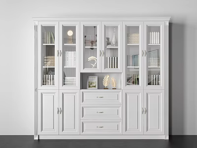 White Modern Bookcase with Glass and Wooden Doors Featuring Books Decor Items and Drawers 3d model