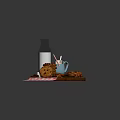Fresh Milk with Stacked Cookies and Chocolate on Wooden Table with Checkered Cloth