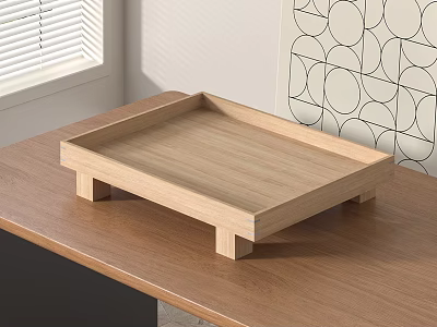 Wooden Tray on Wooden Tabletop near Window with Circular Pattern Wallpaper Minimalist Home Decor Accessory 3d model