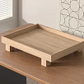Wooden Tray on Wooden Tabletop near Window with Circular Pattern Wallpaper Minimalist Home Decor Accessory