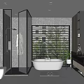 Elegant Bathroom Interior Design With Glass Shower Freestanding Bathtub Window Blinds And Round Mirror