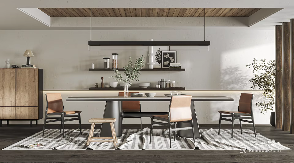 Modern Restaurant Interior With Wooden Ceiling Pendant Lights And Dining Chairs 3d model 