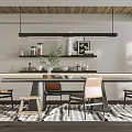 Modern Restaurant Interior With Wooden Ceiling Pendant Lights And Dining Chairs
