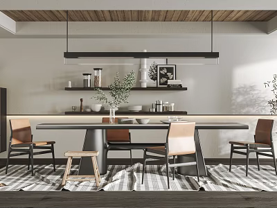 Modern Restaurant Interior With Wooden Ceiling Pendant Lights And Dining Chairs 3d model