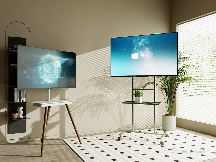 Two Modern TVs On Different Stands In Living Room With Window Plant And Carpet 3d model 