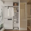 Clean Modern Entryway Interior With Hanging White Shirt Louvered Blinds And Whirlpool Washer Dryer