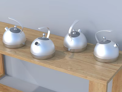 Four Silver Kettles as Household Appliances Neatly Arranged on Wooden Shelf 3d model