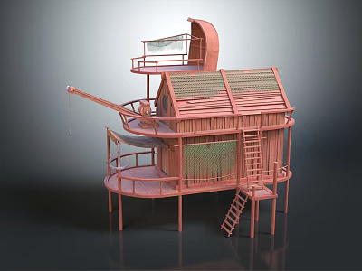 Bamboo Stilt House With Multi Level Structure Thatched Roof Wooden Ladder And Circular Platform 3d model