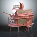 Bamboo Stilt House With Multi Level Structure Thatched Roof Wooden Ladder And Circular Platform