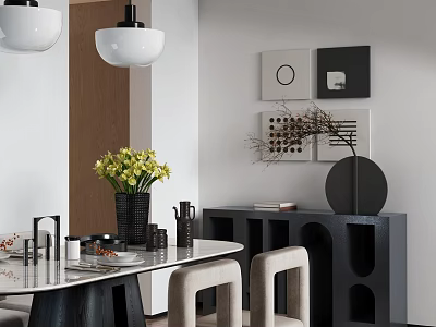 Modern Restaurant Interior With Dining Table Chairs Pendant Lights And Decorative Artworks 3d model