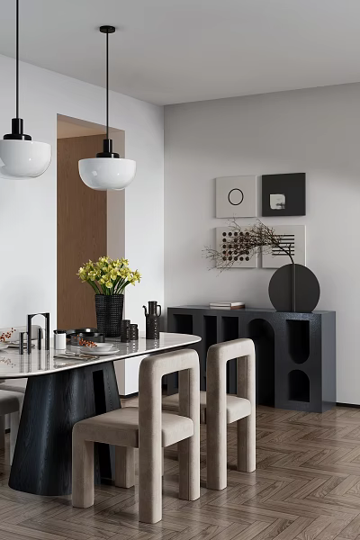 Modern Restaurant Interior With Dining Table Chairs Pendant Lights And Decorative Artworks 3d model