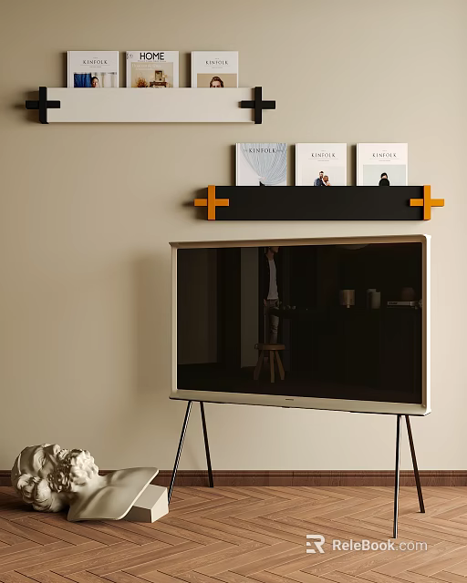 Modern Television on Black Tripod Stand with Wall Shelf and Orange Accents 3d model 