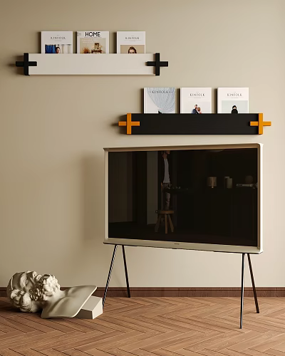 Modern Television on Black Tripod Stand with Wall Shelf and Orange Accents 3d model