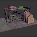 Sculpture Carving Workbench With Stone Blocks Stacked Wooden Planks And Small Lantern On Gray Mat