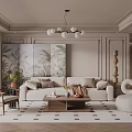 Modern Living Room With Beige Sofa Wooden Coffee Table Tropical Wall Art And Chandelier