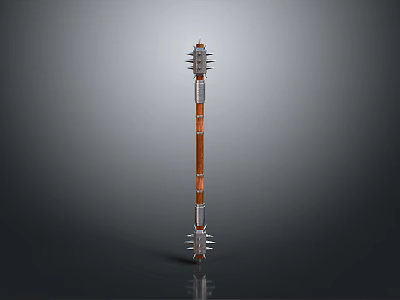 Traditional Polearm Weapon with Long Wooden Shaft and Metal Spiked Terminals 3d model