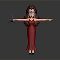 Cartoon Female Character In Red Dress With Red Hair Holding Camera And Fan
