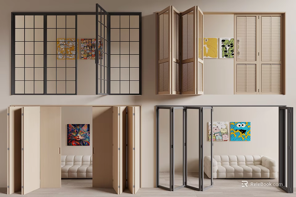 Modern Folding Doors in Black Beige for Living Room Interior Design with Sofa Artworks 3d model 