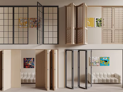 Modern Folding Doors in Black Beige for Living Room Interior Design with Sofa Artworks 3d model