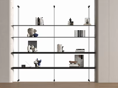 Modern Bookshelf Featuring Black Shelves With Books Decorative Items And Photo Frames 3d model