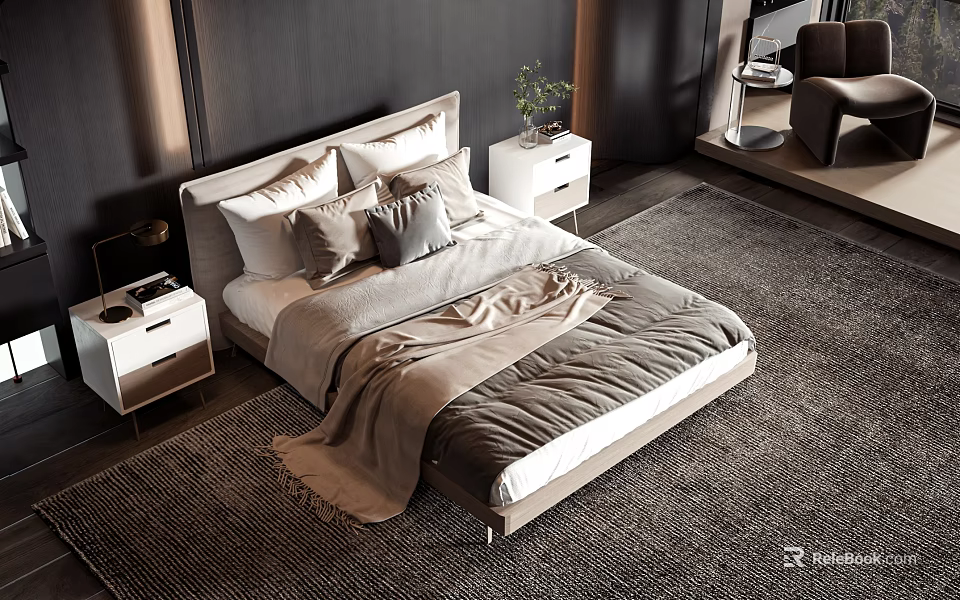 Modern Double Bed With Light Bedhead Pillows Blanket White Bedside Tables And Dark Wall Rug 3d model 