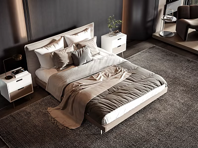 Modern Double Bed With Light Bedhead Pillows Blanket White Bedside Tables And Dark Wall Rug 3d model