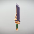Fantasy Style Weapon With Curved Purple Blade Golden Ornament And Green Handle Design