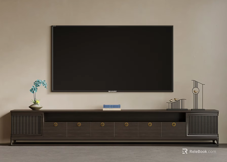 Dark Colored TV Stand With TV Vase And Decorative Items In Traditional Style 3d model 