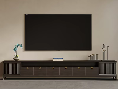 Dark Colored TV Stand With TV Vase And Decorative Items In Traditional Style 3d model