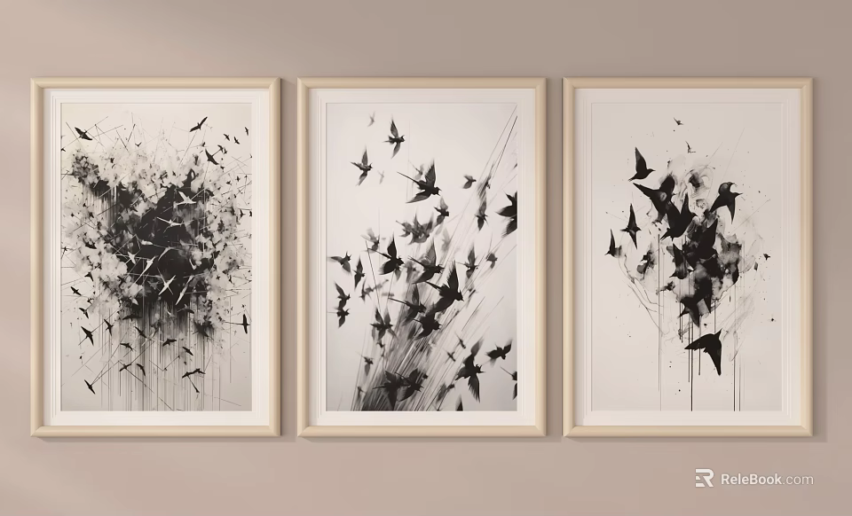Black And White Abstract Paintings Featuring Bird Motifs Framed As Three Wall Art 3d model 
