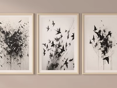 Black And White Abstract Paintings Featuring Bird Motifs Framed As Three Wall Art 3d model