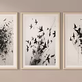 Black And White Abstract Paintings Featuring Bird Motifs Framed As Three Wall Art