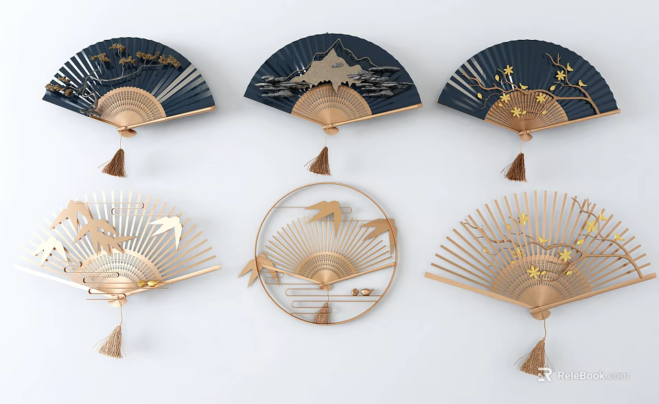 Elegant Fan Wall Decor with Dark Blue Gold Mountain Plum Blossom Bird Patterns and Tassels 3d model 