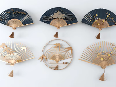 Elegant Fan Wall Decor with Dark Blue Gold Mountain Plum Blossom Bird Patterns and Tassels 3d model