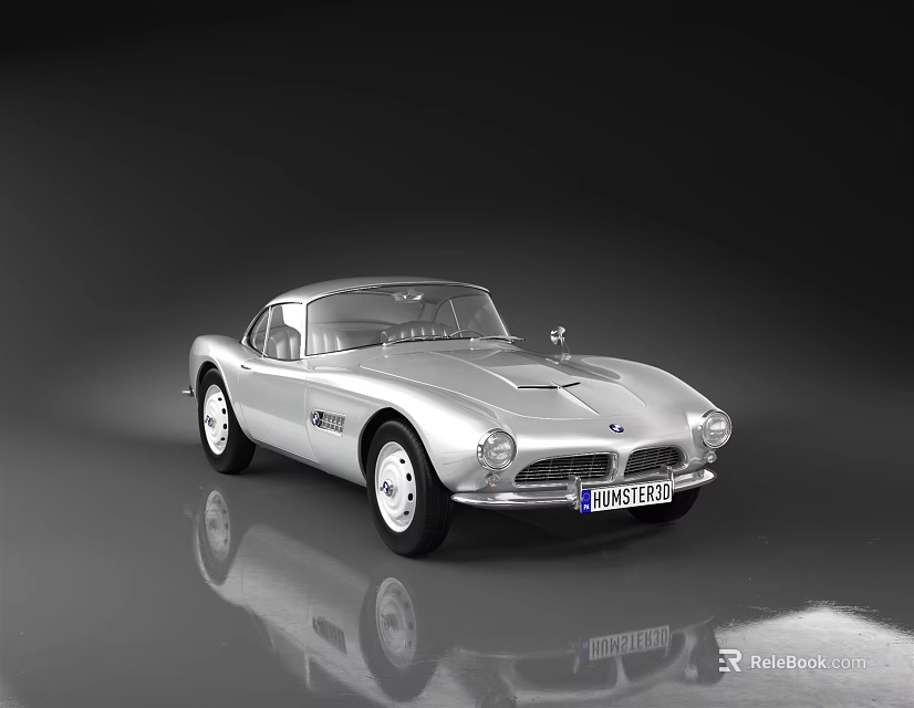 Classic Silver Sports Car with Sleek Retro Body Design Parked on Shiny Reflective Surface 3d model 