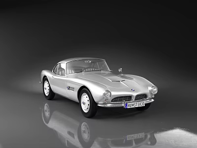 Classic Silver Sports Car with Sleek Retro Body Design Parked on Shiny Reflective Surface 3d model