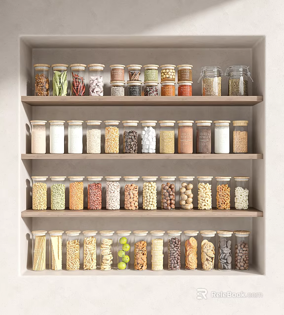 Organized Kitchen Shelves With Glass Spice Jars Containing Various Grains And Spices 3d model 