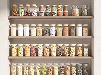 Organized Kitchen Shelves With Glass Spice Jars Containing Various Grains And Spices 3d model