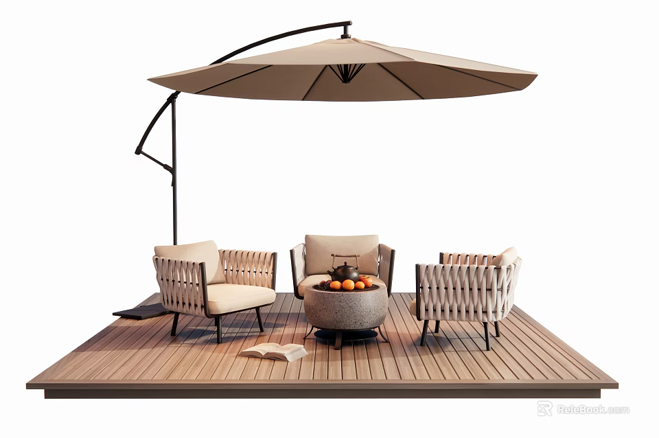 Comfortable Outdoor Sofa Set With Woven Design On Wooden Deck And Curved Patio Umbrella 3d model 