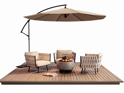 Comfortable Outdoor Sofa Set With Woven Design On Wooden Deck And Curved Patio Umbrella 3d model