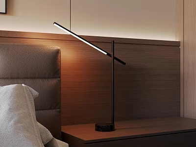Modern Long Strip Desk Lamp With Black Base On Wooden Nightstand Warm Lighting Bedroom 3d model