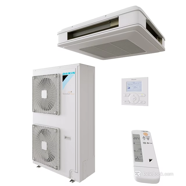 White Air Conditioner Fan With Indoor Outdoor Units Control Panel And Remote Control 3d model 