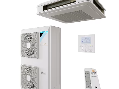 White Air Conditioner Fan With Indoor Outdoor Units Control Panel And Remote Control 3d model