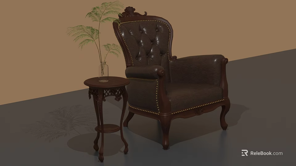 Antique Leather Armchair With Carved Details And Wooden Side Table With Green Plant 3d model 