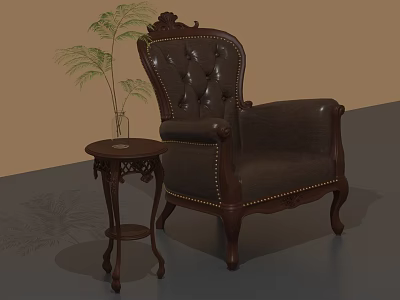 Antique Leather Armchair With Carved Details And Wooden Side Table With Green Plant 3d model