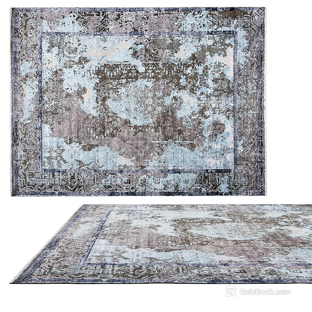 Distressed Vintage Square Rug With Intricate Blue Gray Pattern And Faded Border Design 3d model 