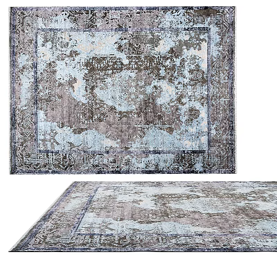 Distressed Vintage Square Rug With Intricate Blue Gray Pattern And Faded Border Design 3d model