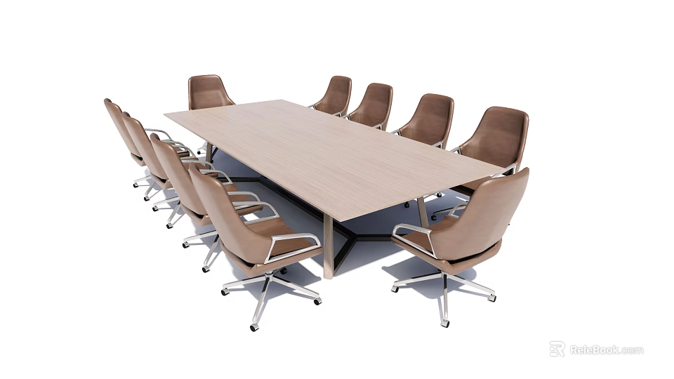 Modern Office Conference Table With Rectangular Wooden Top And Swivel Chairs 3d model
